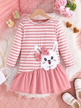 2-7Y Girls Chic Bow Rabbit Embroidered Dress, Pink & White Striped Long Sleeve A-Line Splicing Solid Skirt, Versatile For Home & Outdoor Wear